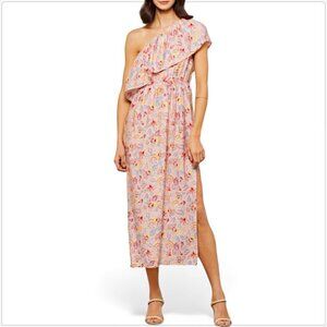 BCBGMAXAZRIA Millie One Shoulder Ruffle Floral Boho Midi Summer Dress NEW L